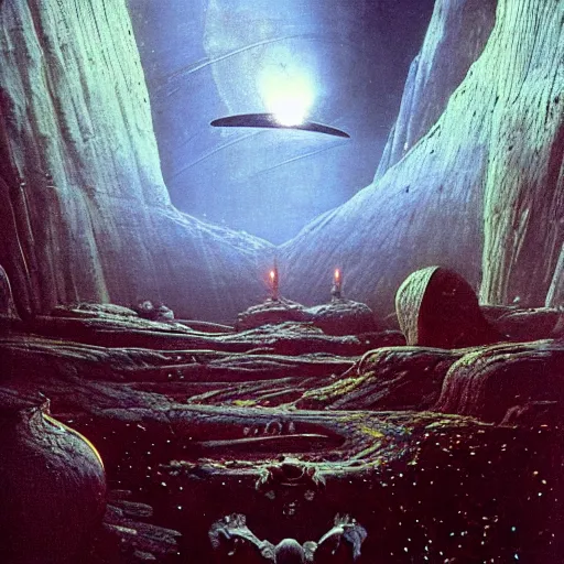 Prompt: scene from prometheus movie, artlilery spaceship lands in an alien landscape, filigree ornaments, volumetric lights, beksinski
