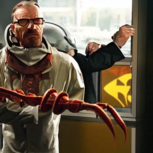 Image similar to Headcrab attacks Bryan Cranston as Gordon Freeman, still from a movie