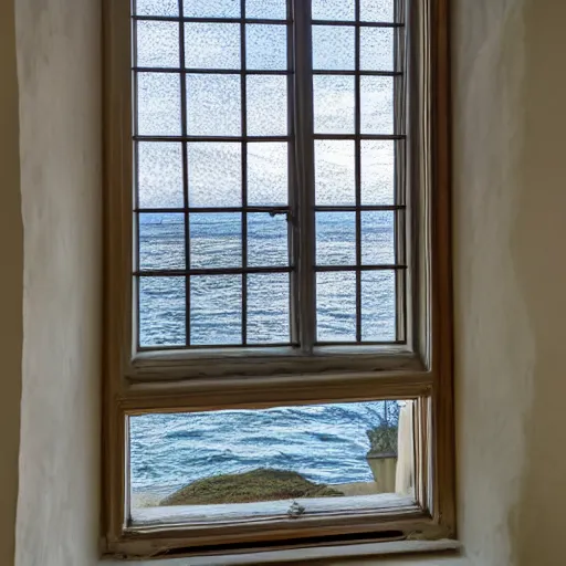 Image similar to a mullioned window through which you can see the sea
