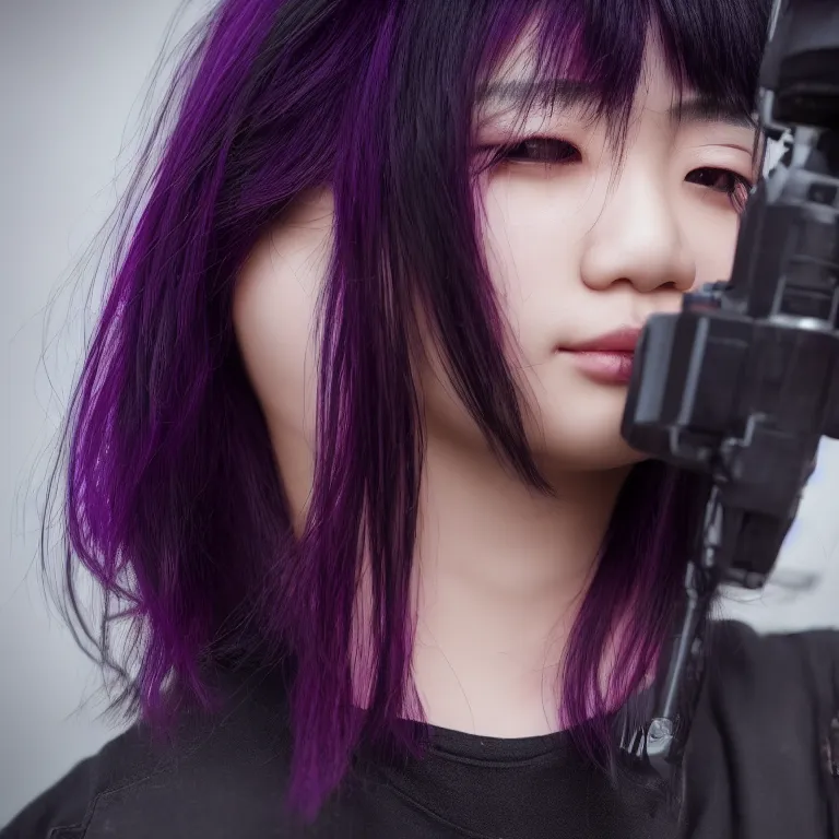 Image similar to Close up portrait of a young Asian Cyberpunk woman with dark purple hair, highly detailed, high quality, HD, 4K, 8K, Canon 300mm, professional photographer, 40mp, lifelike, top-rated, award winning, realistic, sharp, no blur, edited, corrected, trending