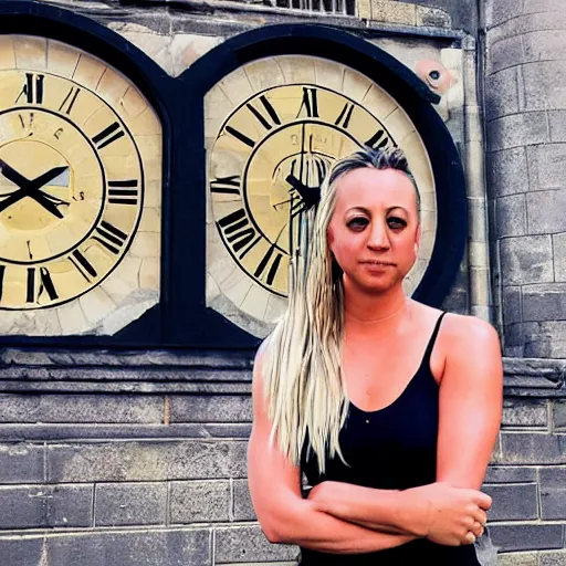 Image similar to A detailed photo of Kaley Cuoco under the Eastgate clock in Chester. Behind her we see a black panther