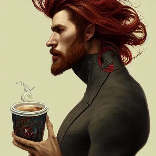 Prompt: portrait of a shark with a humanoid face, male, handsome, masculine, full body, red hair, long hair, soft hair, fantasy, intricate, elegant, highly detailed, suit, coffee shop, digital painting, artstation, concept art, character art, smooth, sharp focus, illustration, art by artgerm and greg rutkowski and alphonse mucha