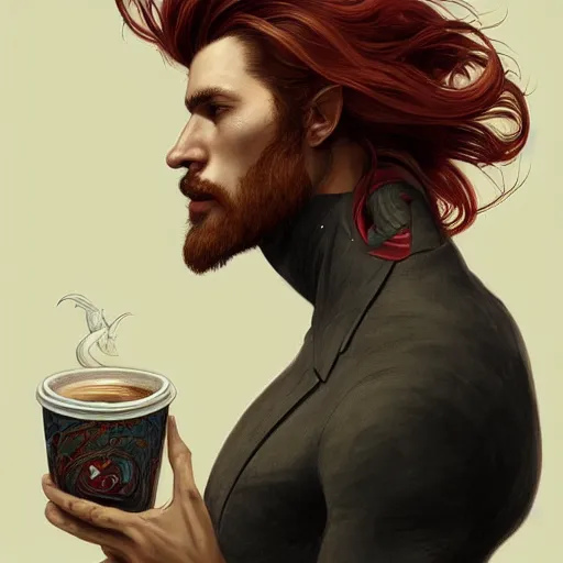 Image similar to portrait of a shark with a humanoid face, male, handsome, masculine, full body, red hair, long hair, soft hair, fantasy, intricate, elegant, highly detailed, suit, coffee shop, digital painting, artstation, concept art, character art, smooth, sharp focus, illustration, art by artgerm and greg rutkowski and alphonse mucha