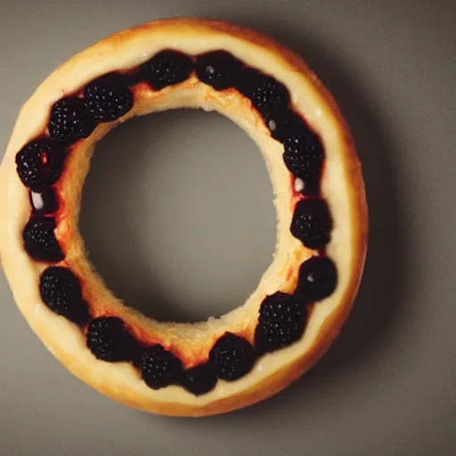 Image similar to Perfectly circular donut!!!!! in the style and shape of a blackberry!!!!!!, trending on artstation, 4k, 8k, professional photography, overhead shot, 35mm lens