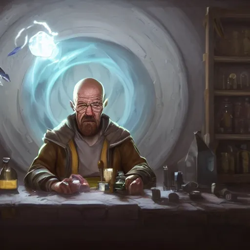 Image similar to portrait of walter white as an alchemist making potions, alchemy, league of legends amazing splashscreen artwork, dungeons and dragons, splash art, natural light, elegant, photorealistic facial features, intricate, fantasy, detailed face, atmospheric lighting, anamorphic lens flare, cinematic lighting, league of legends splash art, hd wallpaper, ultra high details by greg rutkowski