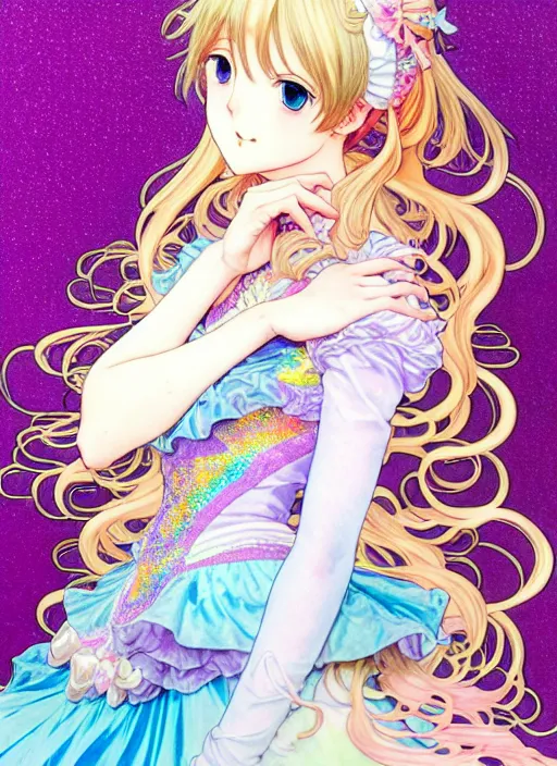 Image similar to manga of beautiful princess, rococo ruffles dress, pastel rainbow, pearlescent, shimmering, reflective, rim light, detailed background, takeshi obata, minaba hideo, shigenori soejima, alphonse mucha, illustration,, artstation, pivix, concept art, highly detailed, colorful, maximalist