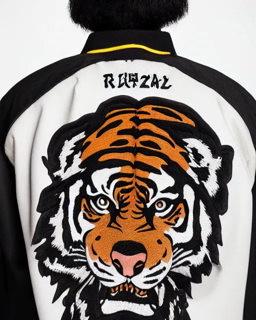 Prompt: photo back of a man wearing baseball jacket with a big tiger embrodery, irezumi, dark hangar background, centered, studio lighting, 1 5 0 mm