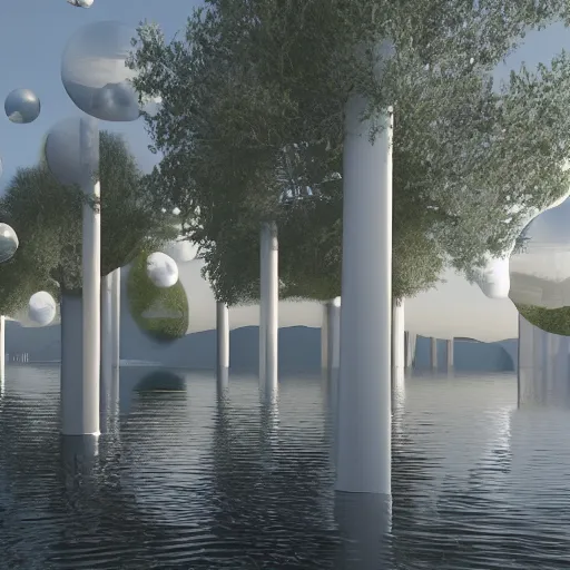 Prompt: many white spheres intersect and combine to form a post - modern architecture of bubble group ， by pierre bernard, on the calm lake, people's perspective, future, interior wood, dusk, unreal engine highly rendered, global illumination, radial light, internal environment