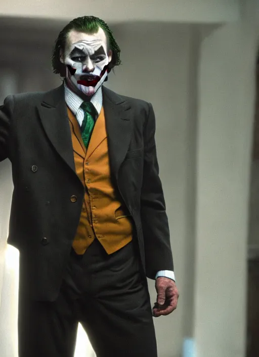 Image similar to film still of tom selleck as the joker in the dark knight, 4 k