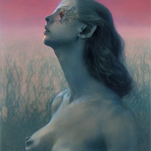 Image similar to queen of jupiter by zdzisław beksinski, iris van herpen, raymond swanland, craig mullins and alphonse mucha. highly detailed, hyper - real, beautiful