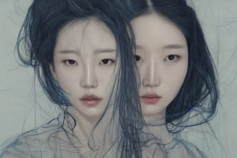 Image similar to Lee Jin-Eun by James Jean, rule of thirds, seductive look, beautiful, in intergalactic hq