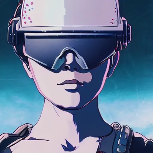 Image similar to a portrait of a female space pirate wearing vr headset and cyber military helmet, cyberpunk aesthetic, ghost in the shell style, akira, Studio Ghibli, manga art