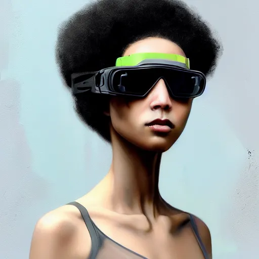 Image similar to Beautiful woman wearing opaque reflective goggles profile picture by Greg Rutkowski, brown skin, long afro hair, asymmetrical, futuristic, cool colors, streetwear, studio ghibli, Organic Painting , Matte Painting, geometric shapes, hard edges, street art, trending on the artstation, fantasy LUT, realistic by Sachin Teng + Martin Grip + Moebius, techwear, Industrial Scifi, detailed illustration, character portrait,