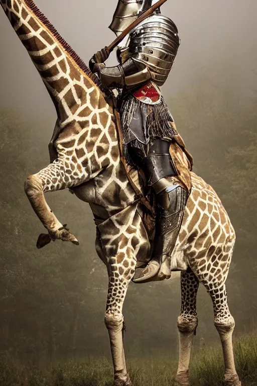 Prompt: a knight in armor riding on a giraffe