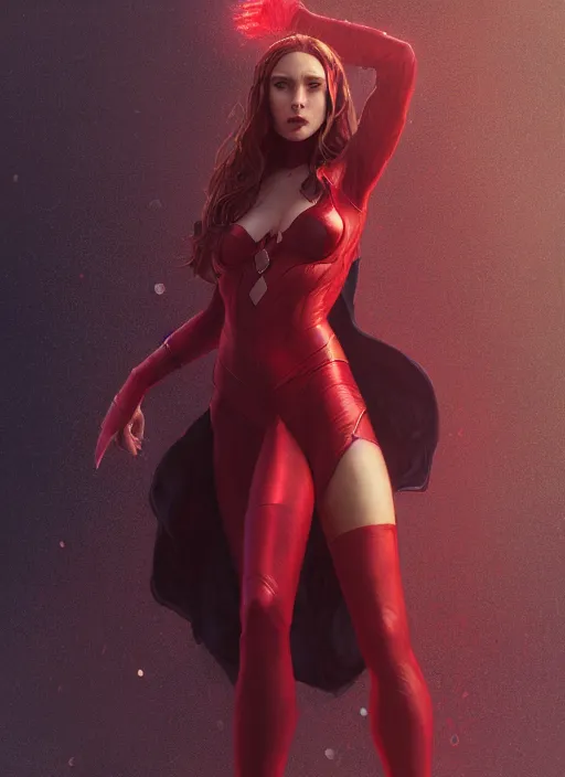 Image similar to Scarlet Witch, full body portrait, hyper detailed, digital art, trending in artstation, cinematic lighting, studio quality, smooth render, unreal engine 5 rendered, octane rendered, illustration, art style by klimt and wlop and nixeu and krenz cushart