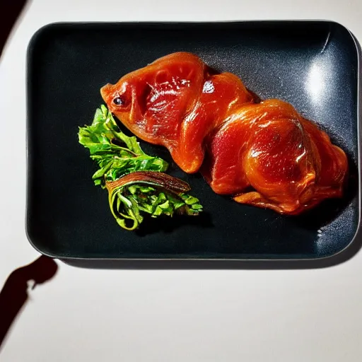 Prompt: A carnist dish served on a shiny plate on it, award winning photograph, artstation, incredible quality, hyperrealistic, sharp, high resolution, Michelin star