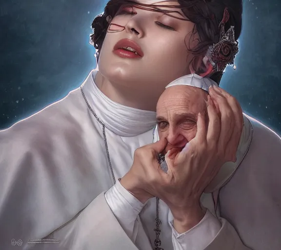 Image similar to photography of a pope kissing the breast of a sensual woman, deep focus, intricate, elegant, highly detailed, digital painting, artstation, concept art, matte, sharp focus, illustration, art by artgerm and greg rutkowski and alphonse mucha
