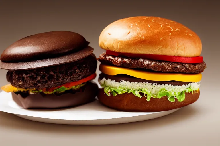 Prompt: Photography of an Hamburger made of chocolate, photo-realistic, 8k, high detail, high resolution