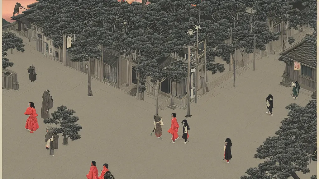 Image similar to a very high detailed image of Two women start crossing the road in front, very high detailed screen print by Kawase Hasui and dan hillier, 8k unreal engine