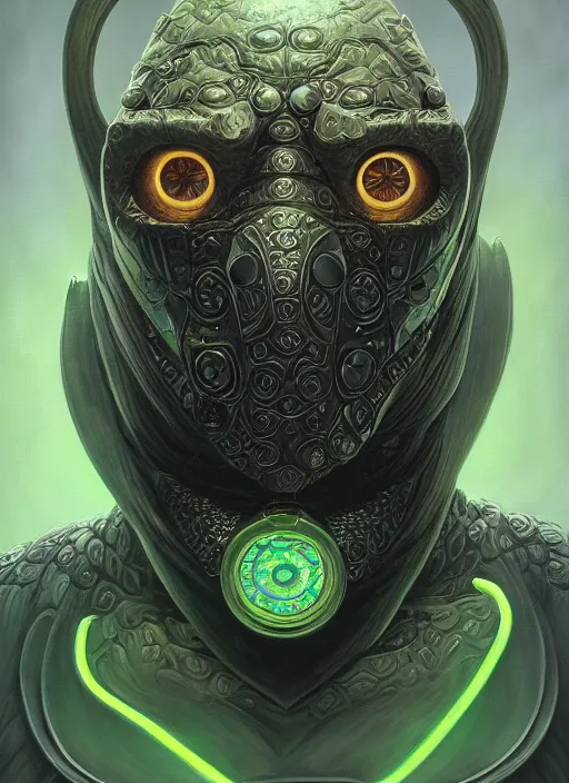 Image similar to mf doom reptile eyes, black skin, neon blacklight, intricate, elegant, highly detailed, centered, digital painting, artstation, concept art, smooth, sharp focus, illustration, artgerm, tomasz alen kopera, peter mohrbacher, donato giancola, joseph christian leyendecker, wlop, frank frazetta