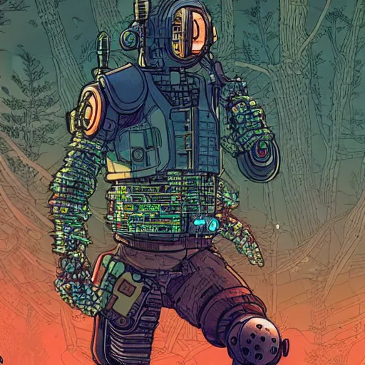 Image similar to Stunning close up of cyberpunk explorer holding his small circular robot friend in his hand, forest in background, highly detailed, by Victo Ngai and James Gilleard , Moebius, Laurie Greasley