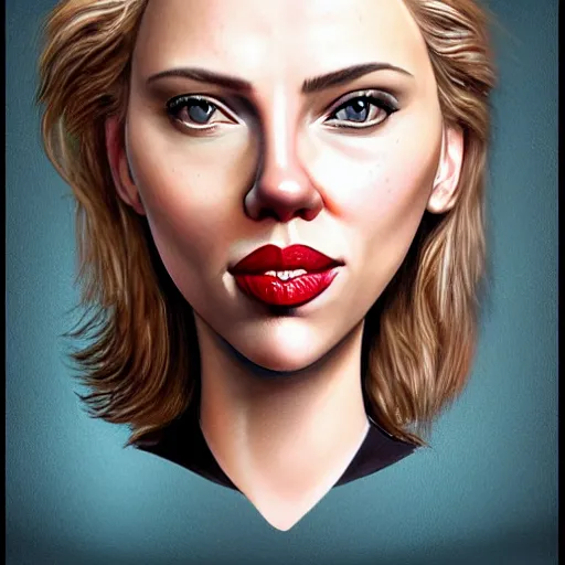 Image similar to funny caricature painting of scarlett johansson, closeup of face, exaggerated features, highly detailed, drawing by mahesh nambiar, sebastian kruger, archille superbi, carola rubio, artstation