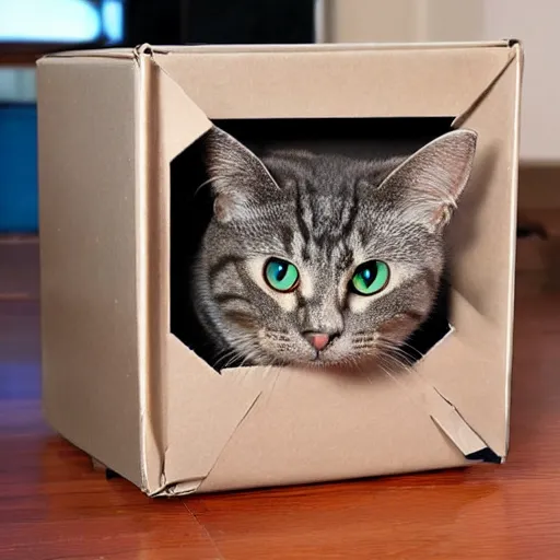 Prompt: schodingers cat inside the box in a quantum state, real life