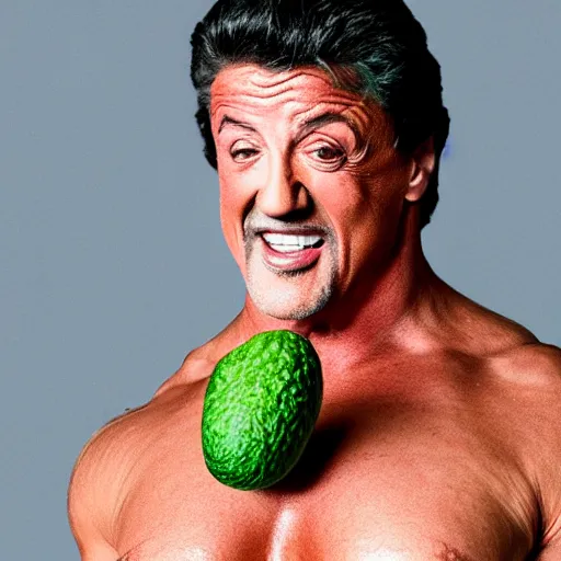 Prompt: silvester stallone dressed in a human size avocado costume, photography, hyperrealistic, extremely detailed, 8 k