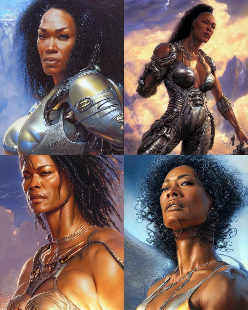 Prompt: portrait, angela basset in apex legends, by donato giancola, greg staples, boris vallejo, luis royo, sharp focus, hyperrealistic, intricate, summer day, sunlight, soft lighting, detailed