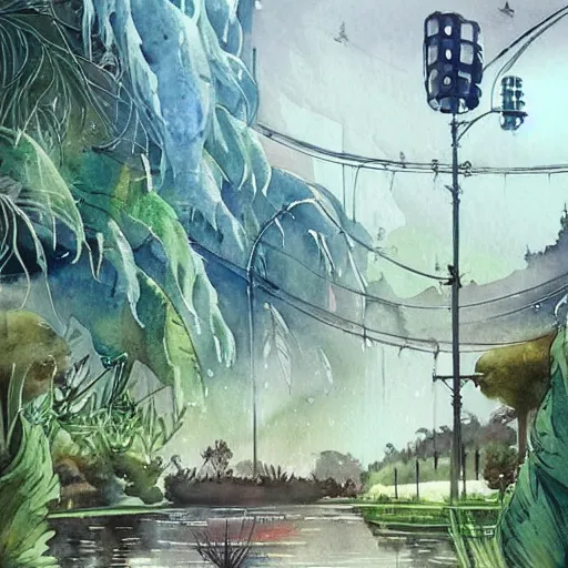 Image similar to Beautiful happy picturesque charming sci-fi town in harmony with nature. Beautiful light. Water and plants. Nice colour scheme, soft warm colour. Beautiful detailed watercolor by Lurid. (2022)