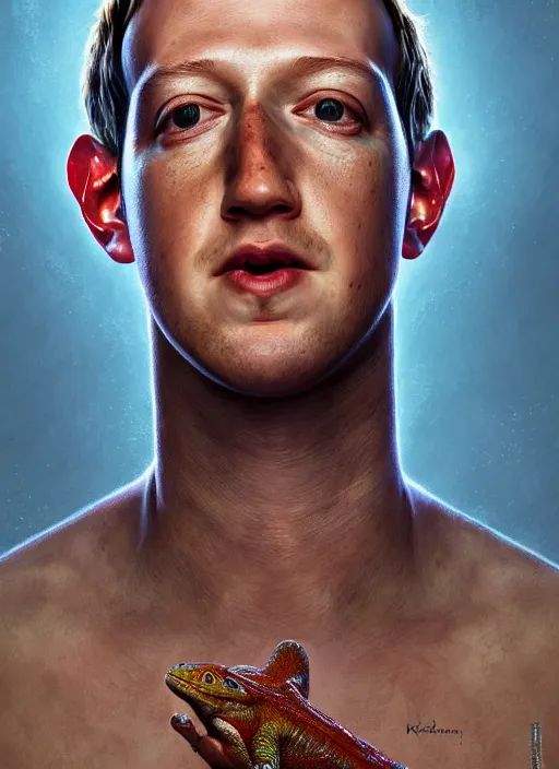 Image similar to portrait of mark zuckerberg as a lizard overlord shedding skin, hyper detailed, digital art, trending in artstation, cinematic lighting, studio quality, smooth render, unreal engine 5 rendered, octane rendered, art style by klimt and nixeu and ian sprigger and wlop and krenz cushart.