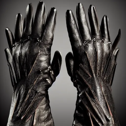 Prompt: metal claws on gloves, old leather gloves with attached talons, pointy fingertips, dark background, highly detailed, 8 k, trending on artstation, mystic, rpg artwork, by peter jackson, by sauron