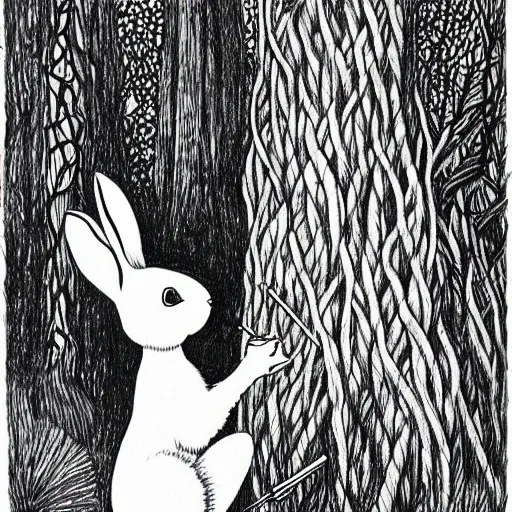 Image similar to precisely drawn, fine detailed, intense line work, drawing of a white bunny smoking a big cigarette in the deep tangled forest, by edward gorey, black ink on white paper