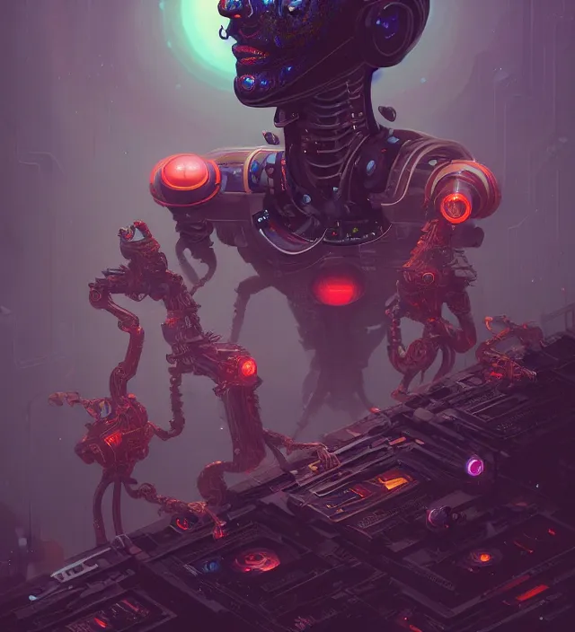 Prompt: anthropomorphic artificial intelligence working endlessly as a salve inside a hell digital world, being controlled by an infinite amount of human beings, vintage soft grainy, dark synthwave, in the style of Oscar chichoni and Peter mohrbacher and Dawid planet, trending on artstation