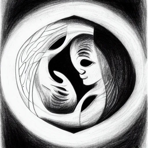 Image similar to a drawing of a pregnant woman giving birth to emerging yin - yang daoist symbol emerging from womb, black and white detailed pencil drawing dao