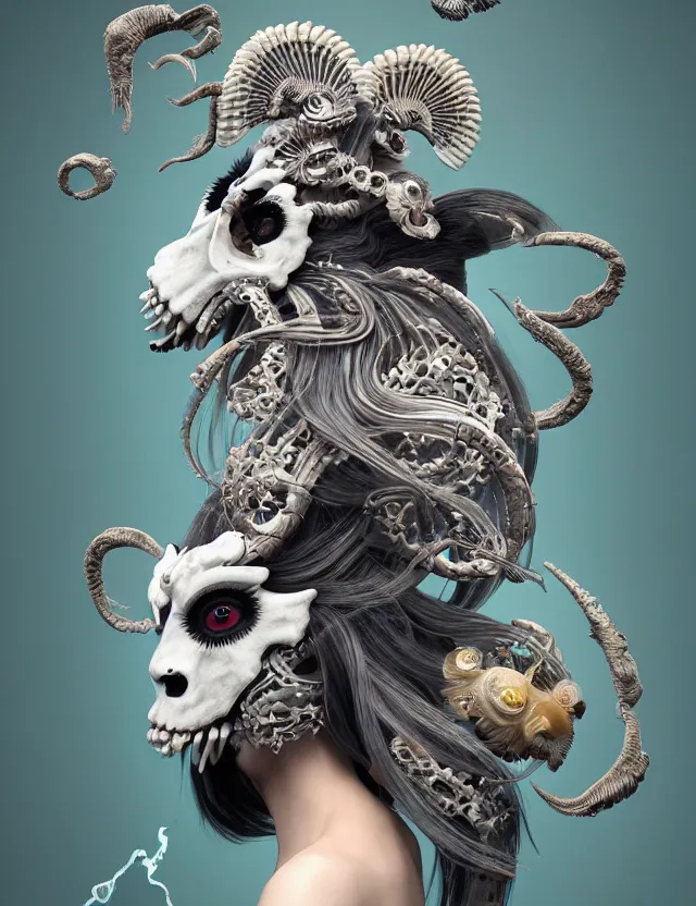 Image similar to 3 d goddess ram skull half - turn portrait with long hair with ram skull. beautiful intricately detailed japanese crow kitsune mask and clasical japanese kimono. betta fish, jellyfish phoenix, bio luminescent, plasma, ice, water, wind, creature, artwork by tooth wu and wlop and beeple and greg rutkowski