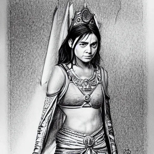 Image similar to arya stark as goddess ishtar wearing her ancient cloth, detailed pencil drawing by glenn vilppu