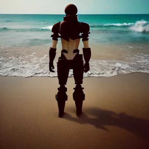 Image similar to kodak portra 8 0 0, an invisible man standing looking into the distance on a dreamy beach from nier automata