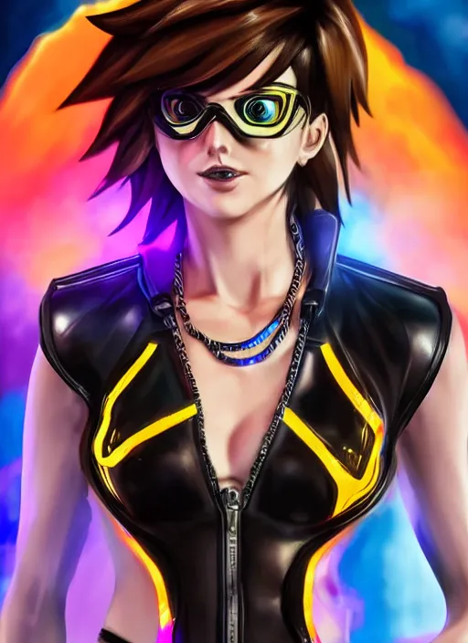 Image similar to portrait bust digital artwork of tracer overwatch, wearing black iridescent rainbow latex tank top, 4 k, expressive happy smug expression, makeup, in style of mark arian, angel wings, wearing detailed black leather collar, chains, black leather harness, detailed face and eyes,