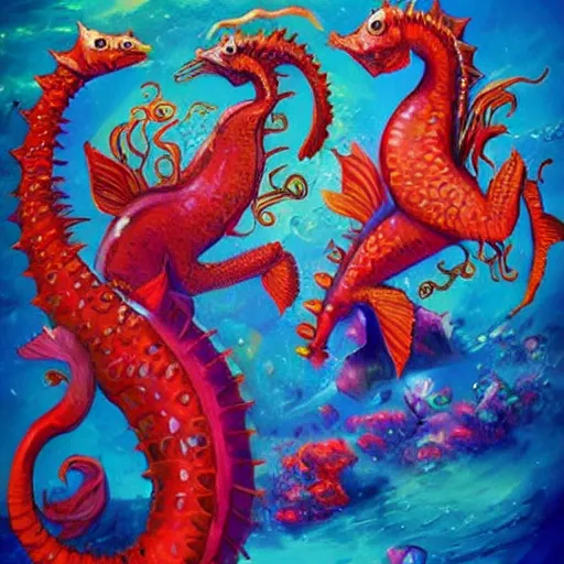 Image similar to merfolk riding seahorses, trending on artstation, colorful, intricate, art by aurore folny