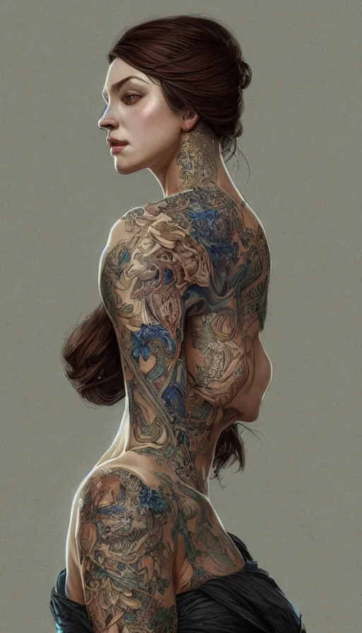 Prompt: tattooed lady, fame of thrones, fibonacci, sweat drops, intricate fashion clothing, insane, intricate, highly detailed, digital painting, artstation, concept art, smooth, sharp focus, illustration, Unreal Engine 5, 8K, art by artgerm and greg rutkowski and alphonse mucha