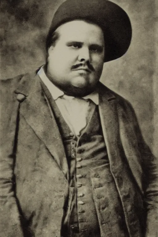 Prompt: morbidly obese jesse james, old - time western photo, very detailed, high quality, sepia tones,