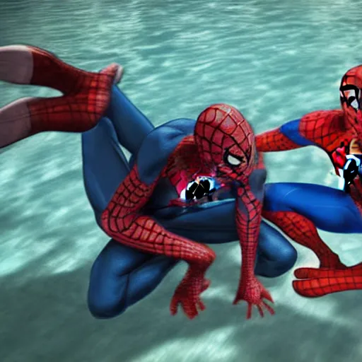 Prompt: spiderman and the halk fighting each other in the pool