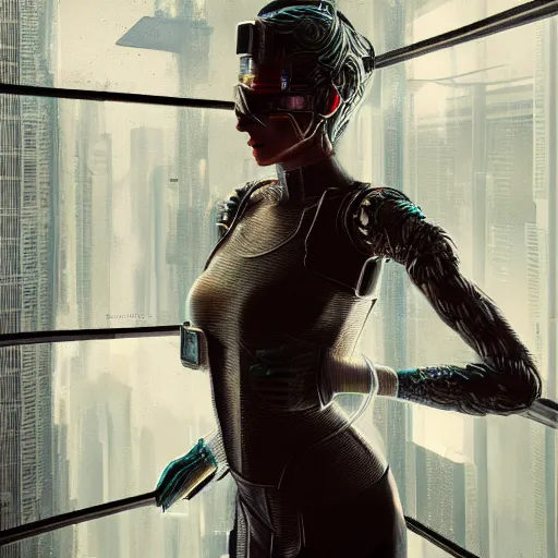 Image similar to portrait of cyberpunk woman looking out of a window, cyberpunk setting, futuristic, highly detailed, intricate lighting, digital painting, sharp focus, illustration, trending on artstation, art by wlop.