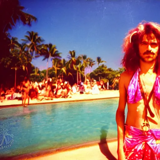 Image similar to expired fuji film photograph portrait of retro psychedelic hippy party in goa from 1 9 8 0, hyperrealism, photorealism, imax quality, 8 k