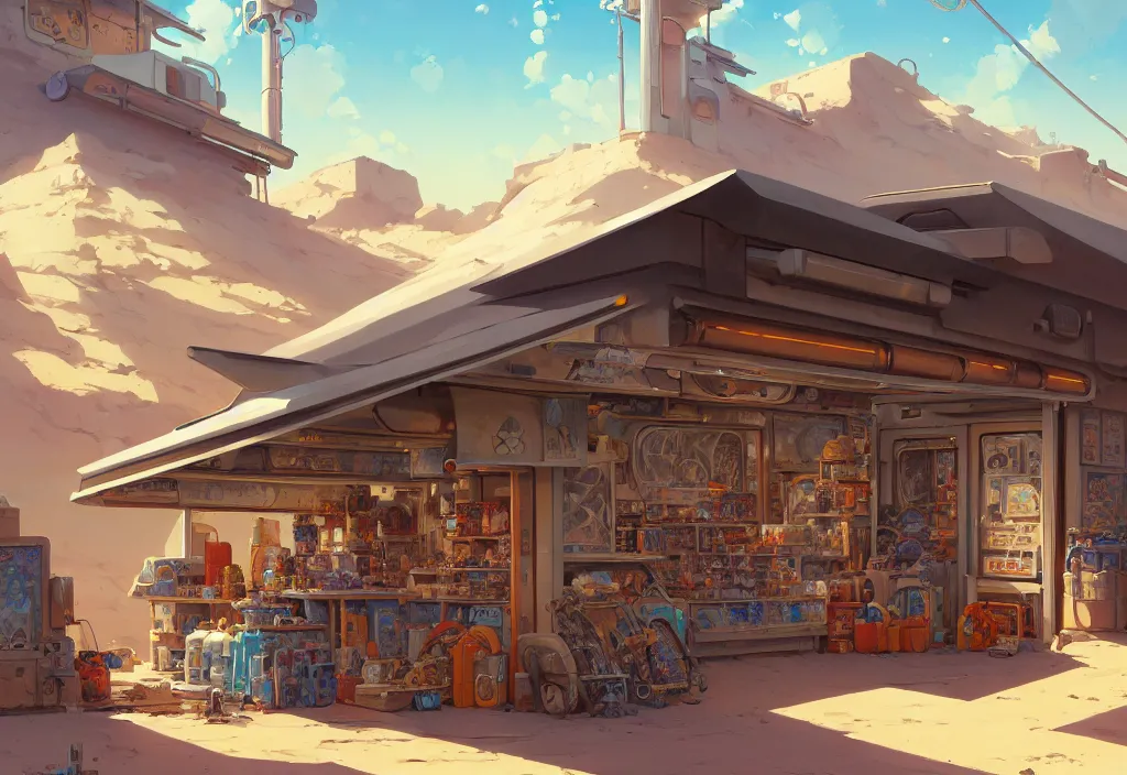 Image similar to a small chubby futuristic shop in the desert surrounded by two metal boxes, intricate oil painting, high detail illustration, sharp high detail, manga and anime 1 9 9 9, official fanart behance hd artstation by jesper ejsing and makoto shinkai, 4 k,