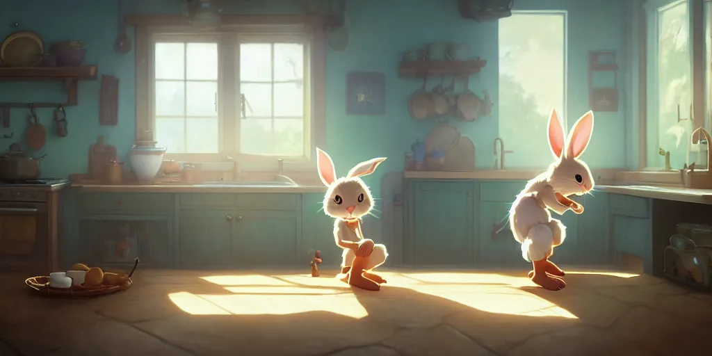 Image similar to a wholesome animation key shot of a cute rabbit boy stretching in a cottage kitchen, medium shot, studio ghibli, pixar and disney animation, sharp, rendered in unreal engine 5, anime key art by greg rutkowski, bloom, dramatic lighting