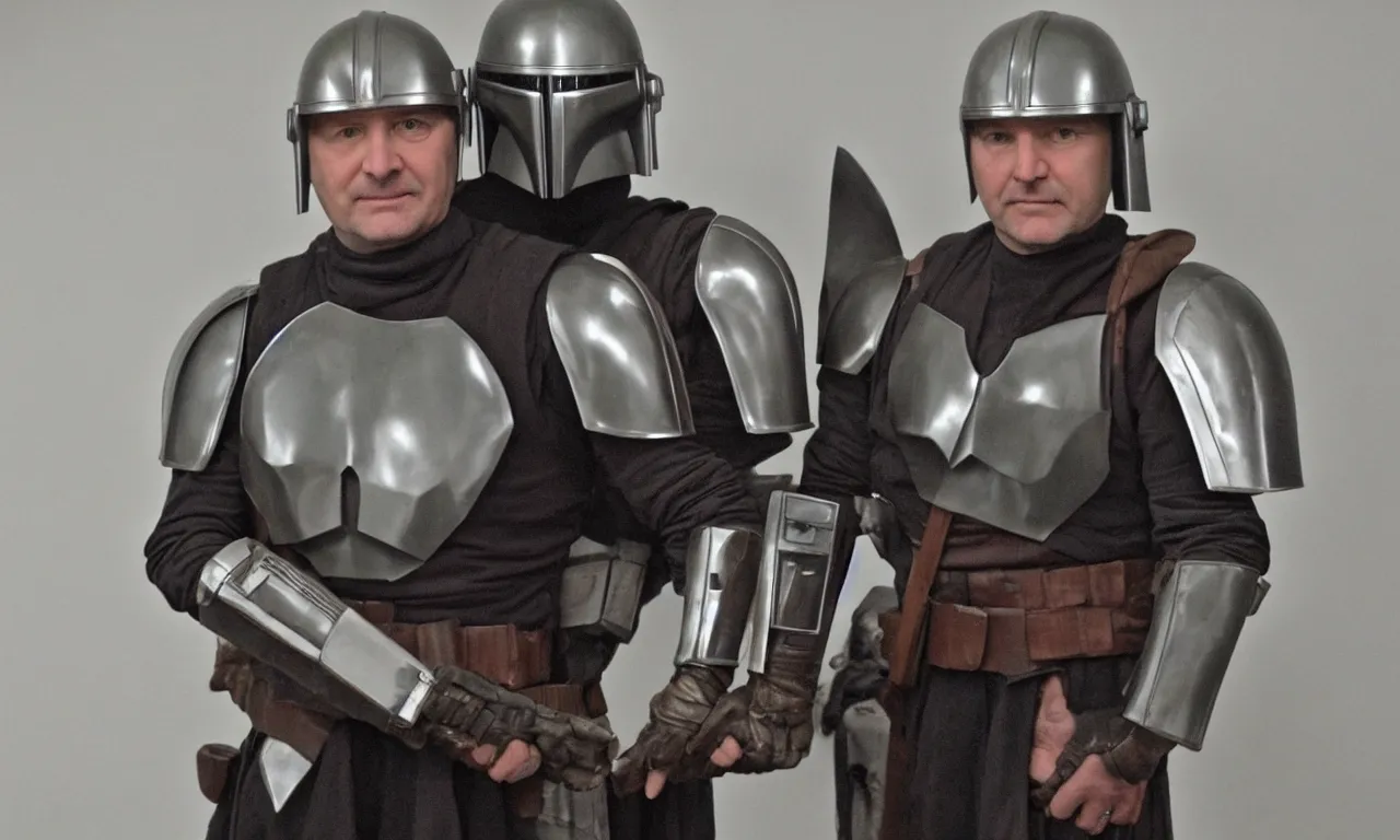 Image similar to Janusz Gajos standing with mandalorian helmet in his hands