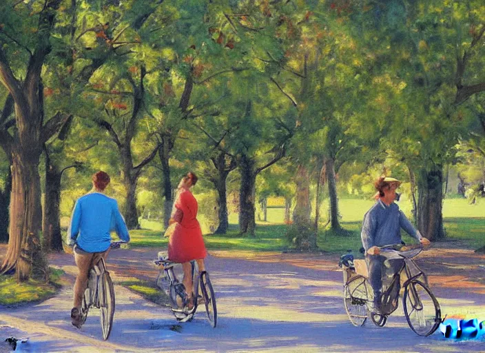 Prompt: a couple on bicycles in the park painting by Viktor Tsvetkov