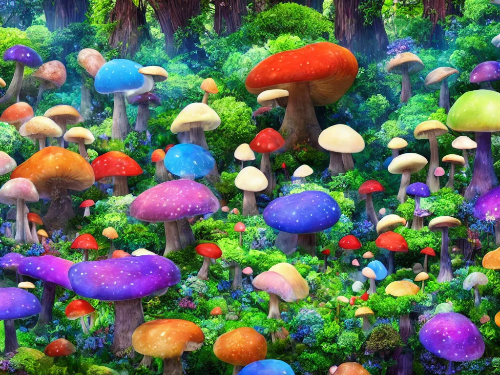 Image similar to a beautiful otherworldly fantasy landscape of giant mushrooms like trees forming canopies over bright colorful mythical sprouted floral plants and colorful foliage on the ground, like alice in wonderland, extreme detail, studio ghibli and pixar and abzu, rendering, cryengine, deep colors, purple and blue and green colors, vray render, cgsociety, bioluminescent